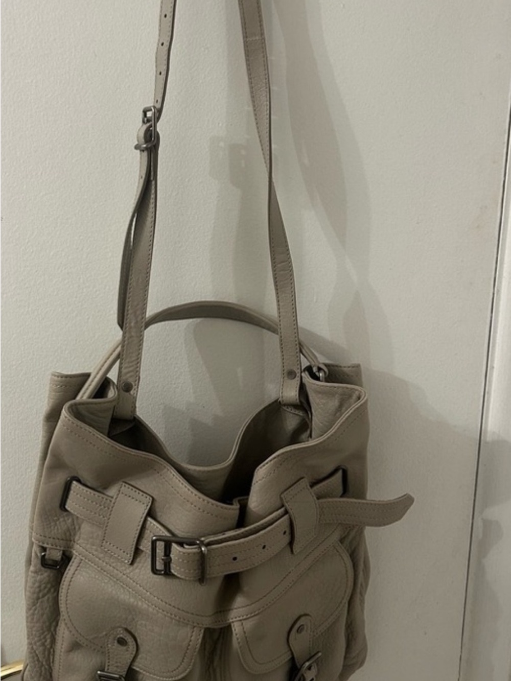 Burberry Beige Pebbled Leather Shoulder Bag with Front Buckle Pockets